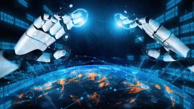 Dünya çapında birbirine doğru uzanan robot ellerin yenilikçi görüntüsü dijital bağlantının geleceğini ve dünyamızdaki gelişmiş teknolojinin yükselişini sembolize ediyor. Xenic