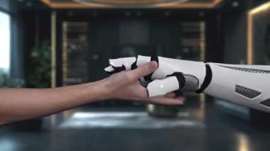 Bir el, çağdaş ofis ortamında ışık ışınları arasında teknolojiyi ve bilgi erişimini sembolize eden parıldayan bir dijital klasör ikonuna uzanıyor. Auvana