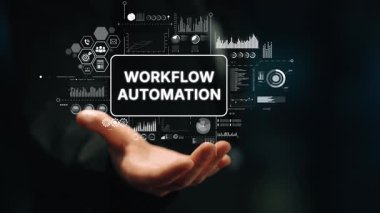 İş Verimliliği ve Teknoloji İnovasyonunu Temsil Eden El Tarzı Dijital Arayüzleri ve Grafikleri Gösteren Çalışma Akımı Otomasyon Kavramı. Asemptotik akıllı veri analitiği.
