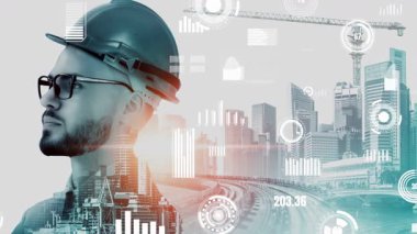 Gelecekteki bina inşaatı ve HUD hologram grafik tasarımı ile yaratıcı mühendislik projesi konsepti. İnşaat mühendisi, mimar ya da inşaat işçisi modern sivil teknoloji ile çalışıyor..