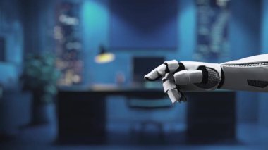 Fütürist bir robot el gelişmiş bir çalışma alanında yapay zekayı, teknolojiyi ve yeniliği temsil eden çeşitli dijital simgelerle etkileşime geçmek için uzanır. Auvana