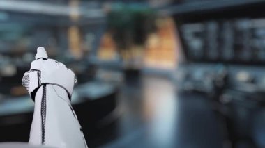 Gelecekçi bir robot, çok sayıda parlayan ekranla etkileşime girer. Gösterişli, yüksek teknoloji kontrol odası ortamında yapay zeka verileri ve analizler sergiler. Auvana