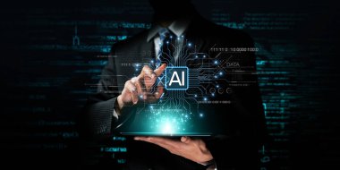 Bir işadamı gelişmiş yapay zeka teknolojisiyle uğraşır, dijital ve gelecekçi bir ortamda yenilik ve bağlantı sergiler. XDMCP