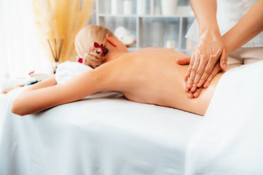 Kafkasyalı kadın müşteri stres önleyici spa masajının keyfini çıkarıyor ve lüks otel ya da oteldeki gündüz açık ortam güzellik salonunda güzellik teniyle eğleniyor. Sessiz.