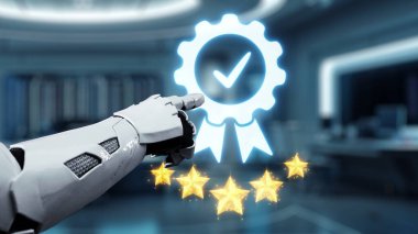 Fütürist robotik bir el, teknolojide mükemmelliği temsil eden, beş parlayan yıldızla çevrili, kaliteyi ve başarıyı simgeleyen parlak bir rozeti zarif bir şekilde işaret eder. Auvana