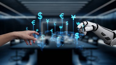 Bir insan eli, dijital dünya haritasını kaplayan para birimi sembolleriyle finans teknolojisi sektöründeki işbirliğini sembolize eden bir robot ele uzanıyor. Auvana