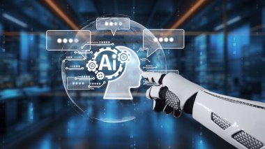 Robotik bir el, ileri teknoloji ve dijital iletişimi simgeleyen, yapay zekanın holografik bir temsiline işaret ediyor. Auvana