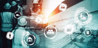 Paket toplama ve teslimatı tanımlamak için teknolojinin yenilikçi interneti olan akıllı depo yönetim sistemi. Gelecekteki tedarik zinciri ve lojistik ağ işi kavramı .