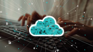 Bu resim bulut hesaplama kavramını temsil ediyor, dijital bağlantıları olan bir klavyede yazı yazan eller stilize bir buluttan yayılıyor, yenilik ve teknolojiyi sembolize ediyor. Xenic