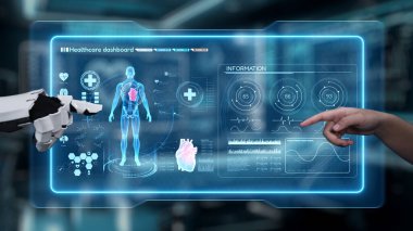 Robot ve insan eliyle insan anatomisi ikonunu işaret ediyor. Robot el ve insanın birlikte çalışırken röntgen hologramıyla bulanık labaratuvarı işaret etmesine yakın çekim. Sağlıklı..