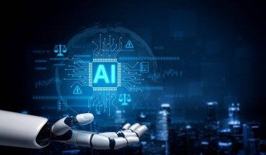 Yapay zeka kontrol sistemini yasal denge, siber güvenlik uyarıları, uyum simgeleri ve dijital devre kartı tasarımı ile gösteren yapay zeka kontrol sistemi