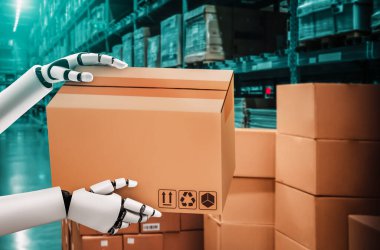 Yenilikçi endüstri robotu insan işçiler için depoda çalışıyor. Sanayi devrimi ve otomasyon üretim süreci için yapay zeka kavramı .