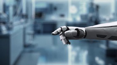 Robotik el işaretini kapat ve bulanık laboratuvar geçmişine sahip çapraz holograma dokun. Tıbbi verilere erişmek ve onları teşhis etmek için robot el tıklaması. Sağlıklı..