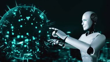 AI robot huminoid uses cloud computing technology to store data on online server . Futuristic concept of cloud information storage analyzed by machine learning process . 3D rendering .