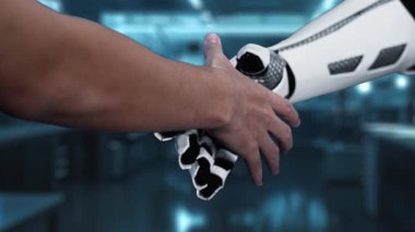 Robot ellerin ve insan ellerinin kalp hologramıyla el sıkışması. Yapay zeka ve insan birlikte çalışabilir ya da bulanık laboratuarlı kalp hologramıyla anlaşma yapabilir. Takım çalışması. Sağlıklı..