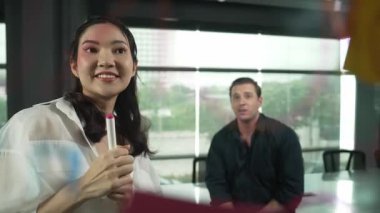 Genç kendine güvenen iş kadını projeyi uzman yatırımcıya sundu. Profesyonel proje yöneticisi başlangıç projesini açıklamak için yapışkan notlar kullanır, beyin fırtınası fikirlerini yatırımcıya paylaşır. Yönlendirici.