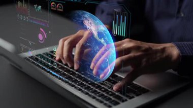 Dünya çapında dijital iletişimi, veri alışverişini ve internet bağlantısını gösteren yüksek teknolojili küresel ağ bağlantı arayüzü. Küresel bağlantı, veri etkileşimi ve dünya çapında iletişim. Thunk