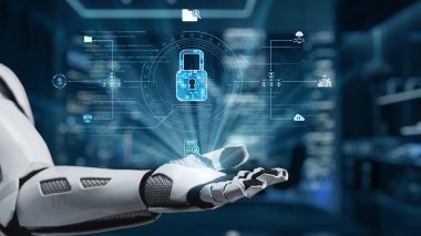 Robot bir el, gelişmiş siber güvenliği sembolize eden parıldayan bir dijital kilit ikonu sergiliyor. Arkaplanda, korunma ve yeniliğin vurgulandığı modern bir teknoloji ortamı yer alıyor. Auvana