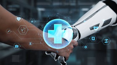 Robot elini kapat ve insan elini tıbbi çapraz hologramla sık. Yapay zeka ve insan birlikte çalışmak ya da bulanık laboratuarlarla yüzen çapraz hologramla anlaşma yapmak. Sağlıklı..