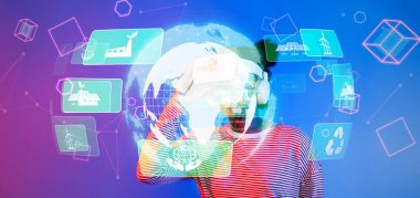 Bu büyüleyici görüntü, sürdürülebilir teknoloji ve çevresel sürdürülebilirlik kavramları için yenilikçi çözümleri vurgulayan sanal gerçeklikle uğraşan bir insanı gösteriyor. XDMCP