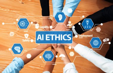 Yapay zeka gelişimindeki işbirliği ve sorumlu uygulamaları vurgulamak için teknoloji sembolleri üzerinde birleşen yapay zeka etiğinin görsel bir temsili. Dostluk