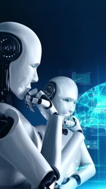 Yapay zeka robotunun hologram ekranını analiz etmesi yapay zeka ve yapay zeka kavramını makine öğrenme süreciyle gösterecektir. 3B görüntüleme.