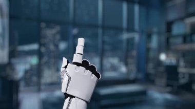 Gelecekçi bir robot el, modern ofis ortamında gelişmiş teknoloji ve iletişimi gösteren dijital bir e-posta arayüzü ile etkileşime geçiyor. Auvana