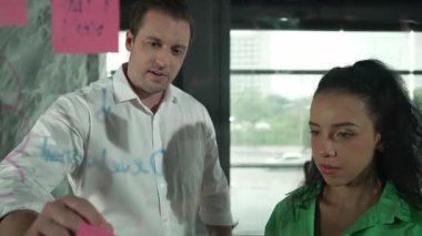 Yetenekli işadamı pazarlama fikrini cam duvardaki proje yöneticisine sundu. Yönetici projeyi yatırımcıya açıklıyor. Zeki iş adamları birlikte çalışıyor, beyin fırtınası yapıyorlar. Yönlendirici.