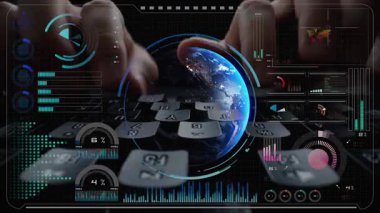 Dünya çapında dijital iletişimi, veri alışverişini ve internet bağlantısını gösteren yüksek teknolojili küresel ağ bağlantı arayüzü. Küresel bağlantı, veri etkileşimi ve dünya çapında iletişim. Thunk