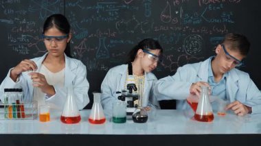 Mesleki çeşitlilik gösteren öğrenci, STEM fen dersinde, kimyasal teoriyle karatahta deneyimi yaşıyor. Genç bir delikanlı biyo-kimyasal çözeltiyi mikroskop ile masada karıştırıyor. Öğretim