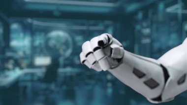 Bu video, insan kullanıcılarıyla uyum içinde çalışan yapay zeka kavramını, modern çalışma alanındaki dijital simgelerle etkileşen bir robot eli gösteriyor. Auvana