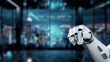 Parlayan devre kartı arayüzü ile uğraşan robotik bir el, modern bir şehrin teknolojisinin ve dijital yeniliğinin geleceğini sembolize ediyor. Auvana