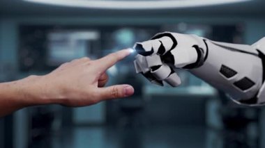 Modern çalışma alanındaki yenilik ve dijital iletişimi vurgulayan, karmaşık bir yapay zeka arayüzü arasında robotik bir kol ile etkileşime giren bir insan elini gösteren fütüristik bir sahne. Auvana