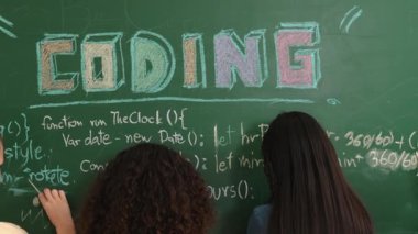 Akıllı öğrenci kodlama mühendisliği komut yazarken geçmişe dönüp kara tahtada yapay zeka programlama sistemi kodu oluşturmuş. Mutlu çeşitli çocuklar web sitesi geliştirme planı için birlikte çalışıyorlar. Pedagoji.