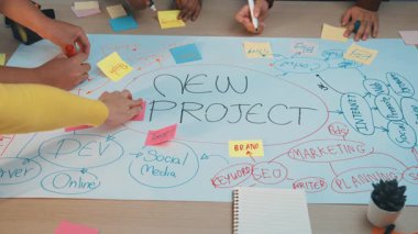 Yeni bir proje için beyin fırtınası yapan ellerle dolu canlı bir çalışma alanı. Renkli yapışkan notlar ilham verici bir atmosferde fikirler, stratejiler ve planlar sunar. SACTR