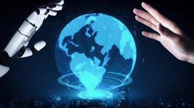 Gelecekçi robot yapay zeka yapay zeka yapay zekayı aydınlatıyor ve makine öğrenme kavramını geliştiriyor. İnsan hayatının geleceği için küresel robot zinciri bilimi araştırması. 3B görüntüleme grafiği.