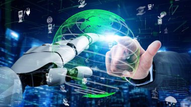 Bir insan eli ve robotik kol, canlı bir şehir ortamında teknoloji, bağlantı ve yeniliğin entegrasyonunu sembolize eden dijital bir ortamda etkileşim halindedir. Xenic