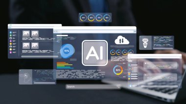 Gösterişli dijital çalışma alanı yapay zeka ölçümleri sergiliyor, veri görselleştirme ve analizlerini birleştiriyor. Teknolojide yeniliği temsil etmek için ideal. Dörtgen