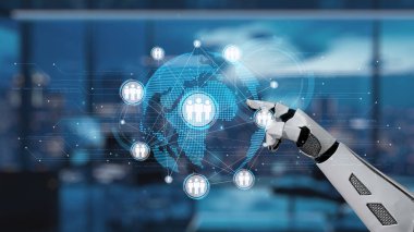 Robotik bir el dijital bir arayüze doğru uzanarak, modern bir iş ortamı zeminine karşı kurulmuş küresel bir bağlantı ve teknoloji yenilikleri ağını sergiliyor. Auvana