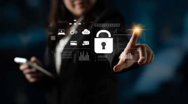 Çevrimiçi erişim için dijital siber güvenlik şifreleme, siber şifre koruması, parmak izi kimliği, bulut depolama güvenliği ve siber güvenlik sistemi