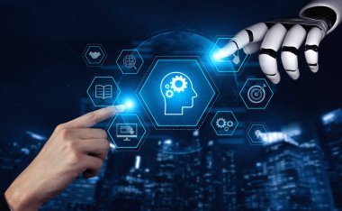 Bilgi, amaç, görev yönetimi ve sistem optimizasyonu ikonları ile yapay zeka veya insan güdümlü beceri edinme ve eğitim