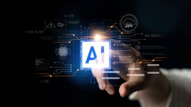 Yapay zeka teknolojisi dijital devre bağlantılarıyla sunulur, yapay zeka sistemlerini sembolize eder, işleme gücünü ve modern dijital platformlara entegrasyonu simgeler.