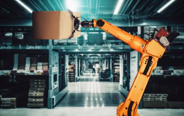 Yenilikçi depo ve fabrika dijital teknolojisi için akıllı robot kol sistemi. İnternet ağına bağlı IOT yazılımı kullanarak endüstri mühendisliği tarafından kontrol edilen otomasyon üretim robotu .