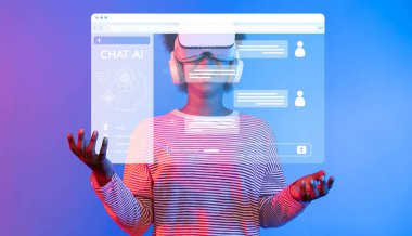 Bir insan sanal gerçeklik kulaklığı takar, canlı bir dijital ortamda yapay zeka sohbet robotuyla etkileşime girer, otomasyon ve iletişim teknolojisinin geleceğini gösterir. XDMCP