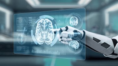 Bulanık laboratuvar arka planına sahip beyin hologramına robotik el gösterimi yap ve tıkla. Tıbbi verilere erişmek ve onları teşhis etmek için robot el beyin ikonuna tıklıyor. Sağlıklı..