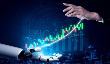 İnsan eline uzanan, teknoloji ve finans alanındaki işbirliğini simgeleyen dijital bir grafiğe yerleştirilmiş büyüleyici bir robot el görüntüsü. Etki