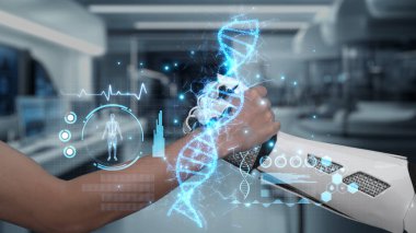 Robot eli kapat ve insan eli DNA hologramıyla tokalaş. Yapay zeka ve insan birlikte çalışıyor ya da DNA hologramıyla anlaşmalar yapıyor. Bulanık laboratuvarda yüzüyor. Takım çalışması. Sağlıklı..