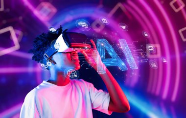 Sanal gerçeklik deneyimine dalmış, yapay zeka grafikleri sergileyen, üretken yapay zeka teknolojilerinin yenilikçi potansiyelini vurgulayan genç bir birey. XDMCP