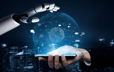 Küresel iletişim ağının yapay zeka destekli görselleştirilmesi, veri alışverişini, küresel bağlantıyı, dijital etkileşimi ve iletişim ağını gösteriyor. Kefil