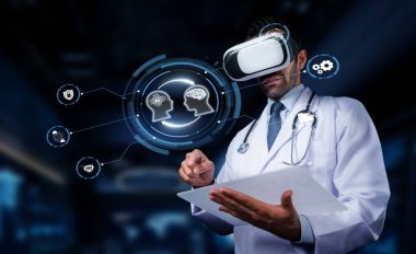 Bir sağlık hizmetleri uzmanı tıbbi çözümleri geliştirmek için ileri teknoloji sanal gerçeklik teknolojisinden faydalanıyor ve modern bir klinik ortamda inovasyonun entegrasyonunu gösteriyor. PHMT